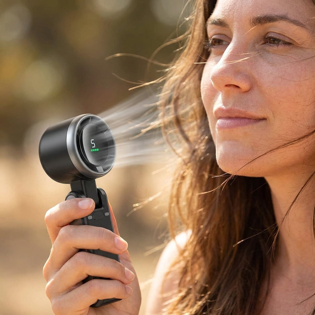 Rechargeable handheld turbo fan in use — held outdoors with visible airflow