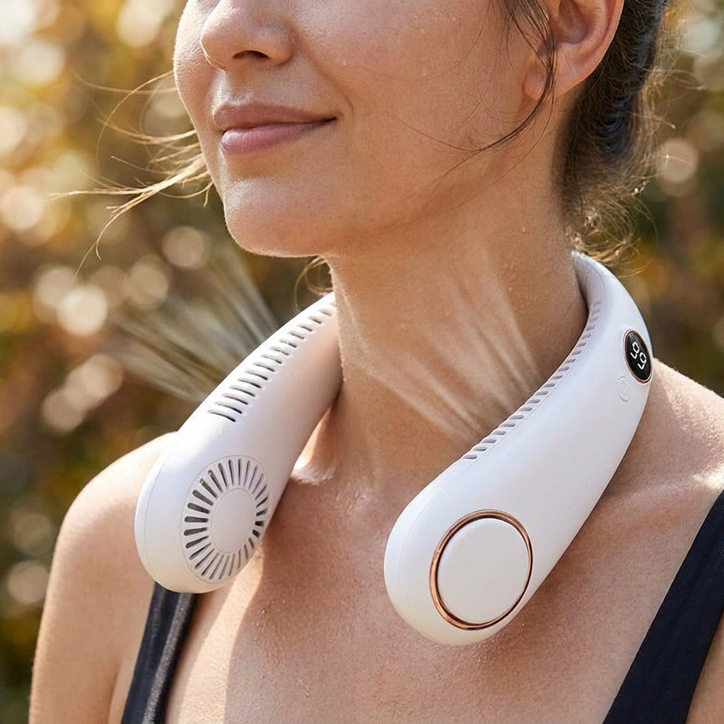 Bladeless USB neck fan in use — worn outdoors