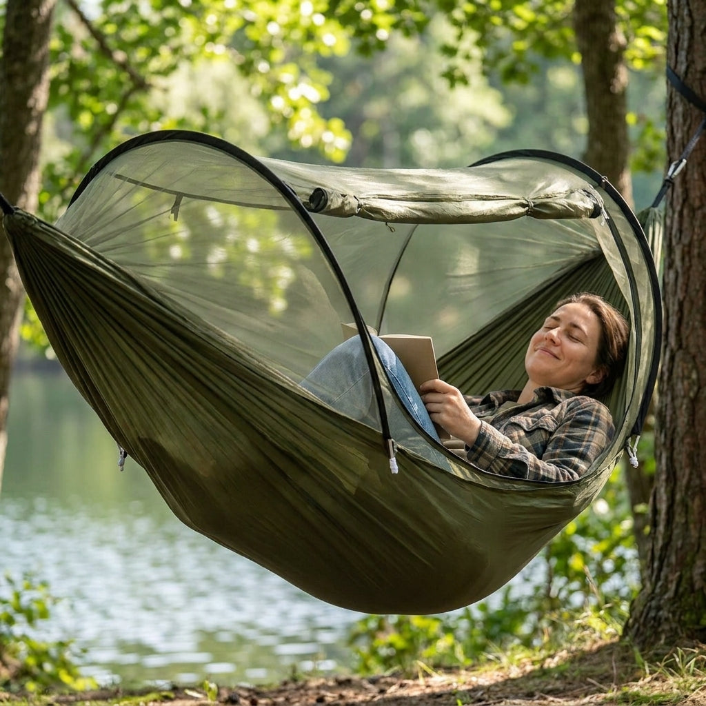 Camping hammock with mosquito net in use — person relaxing outdoors