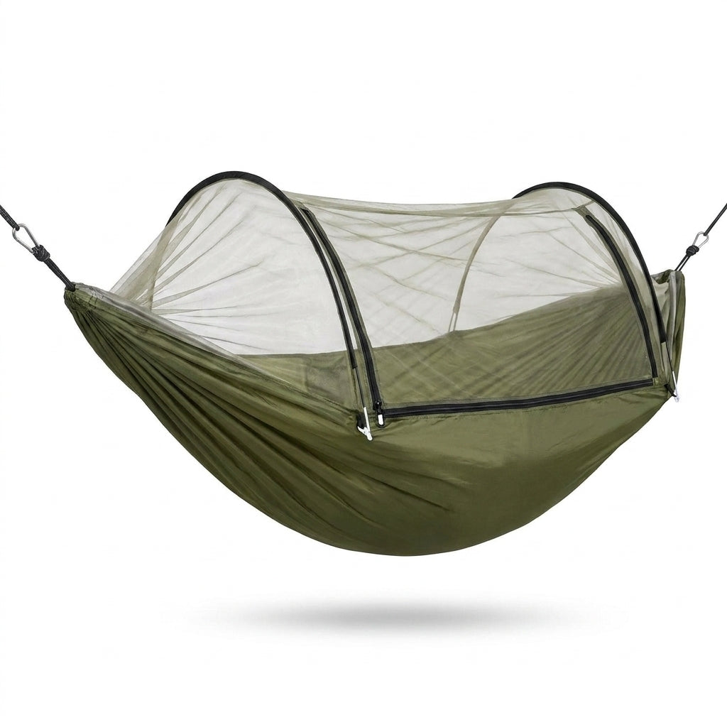 Camping hammock with mosquito net on white background — Army Green