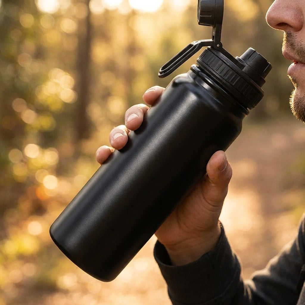 Insulated stainless steel water bottle in use — hiking trail