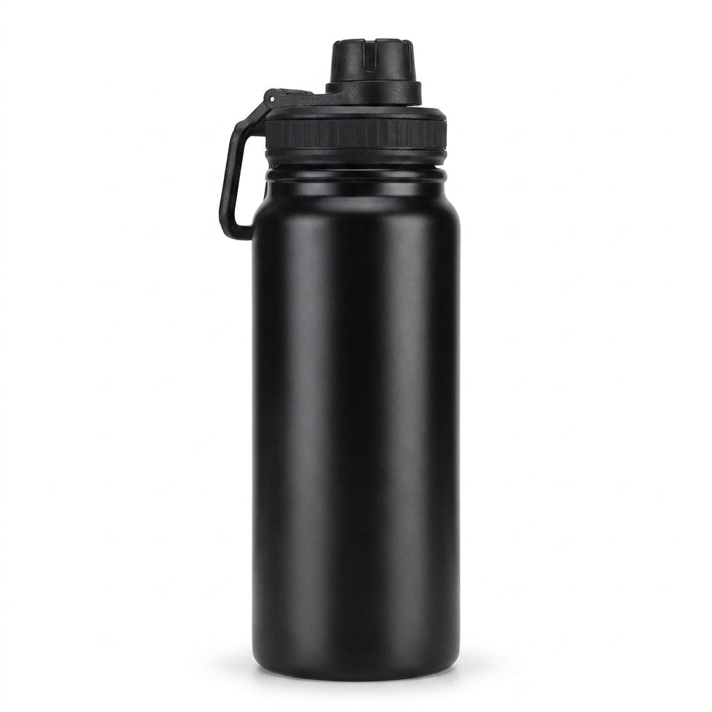 Insulated stainless steel water bottle on white background — Black