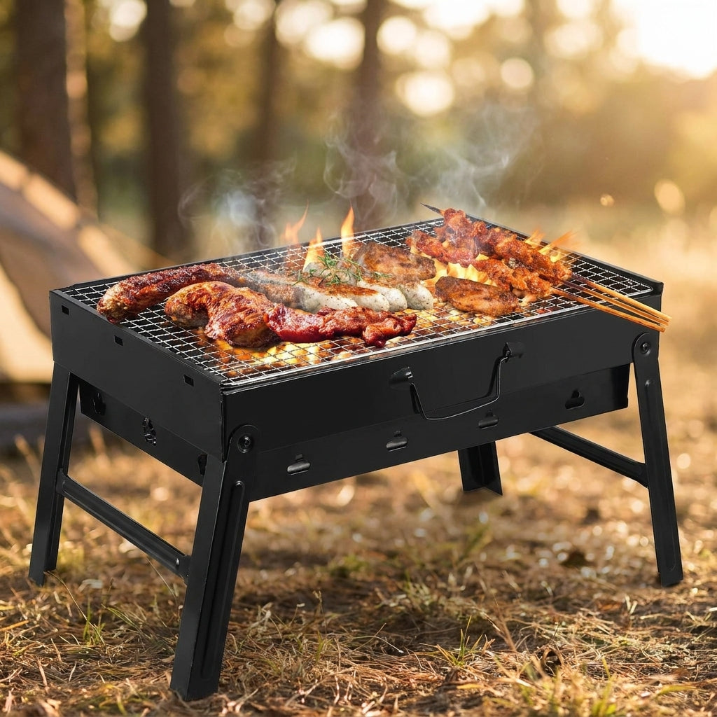Portable folding BBQ grill in use — campsite grilling