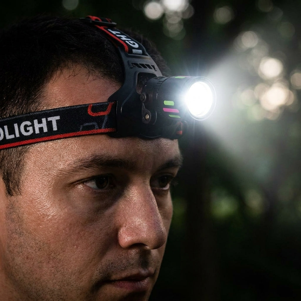 Rechargeable LED headlamp in use — worn while hiking at night