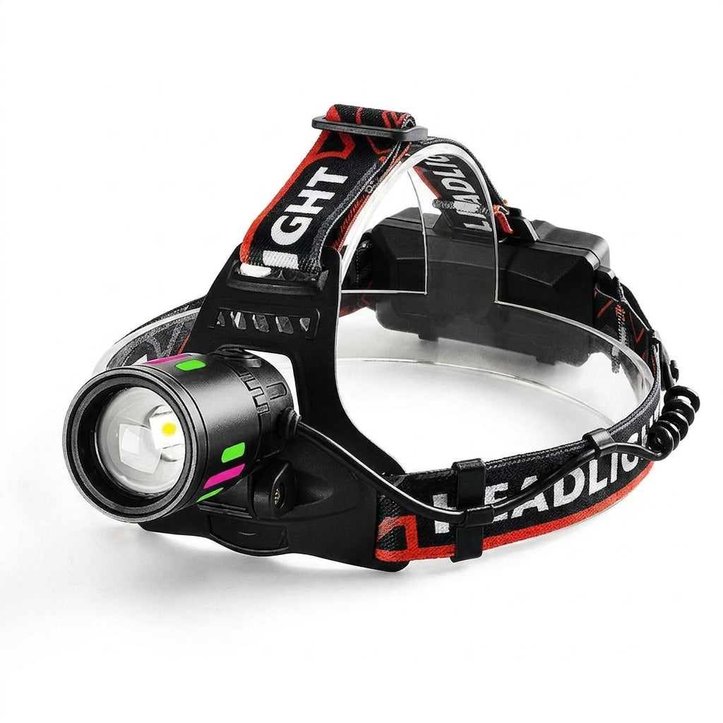 Rechargeable LED headlamp on white background