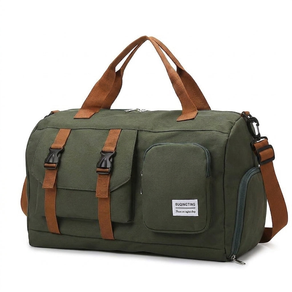 Sports duffel bag with shoe pocket on white background — Army Green