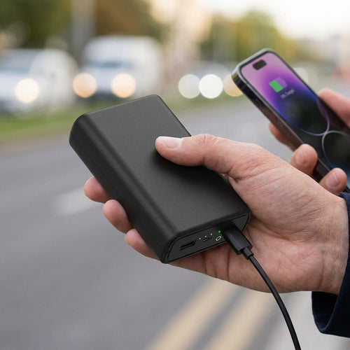 20000mAh portable power bank in use — charging phone in hand