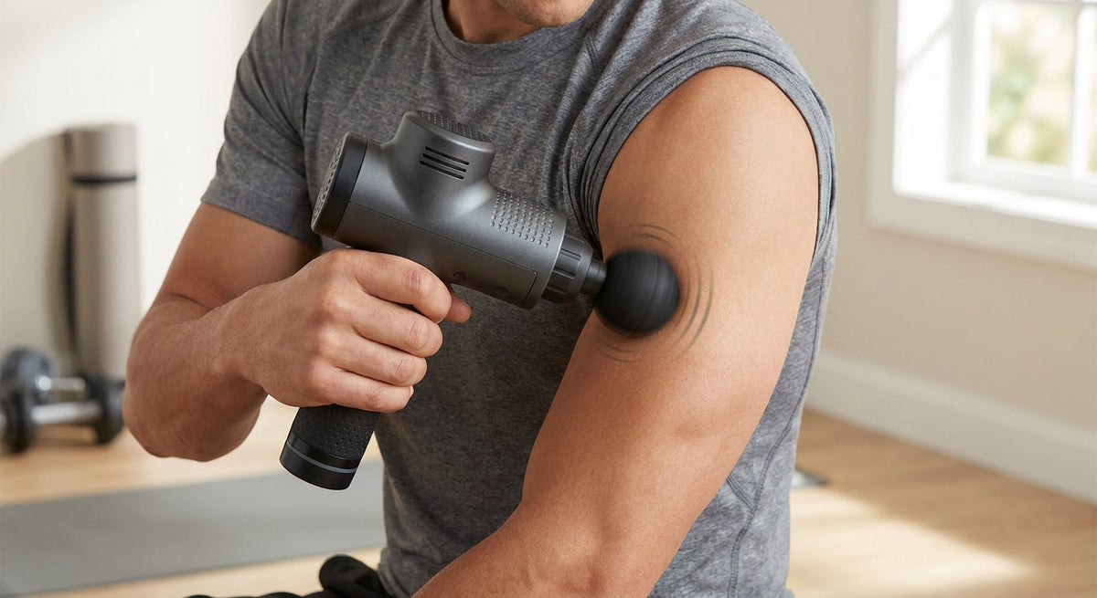 Percussion massage gun in use on shoulder