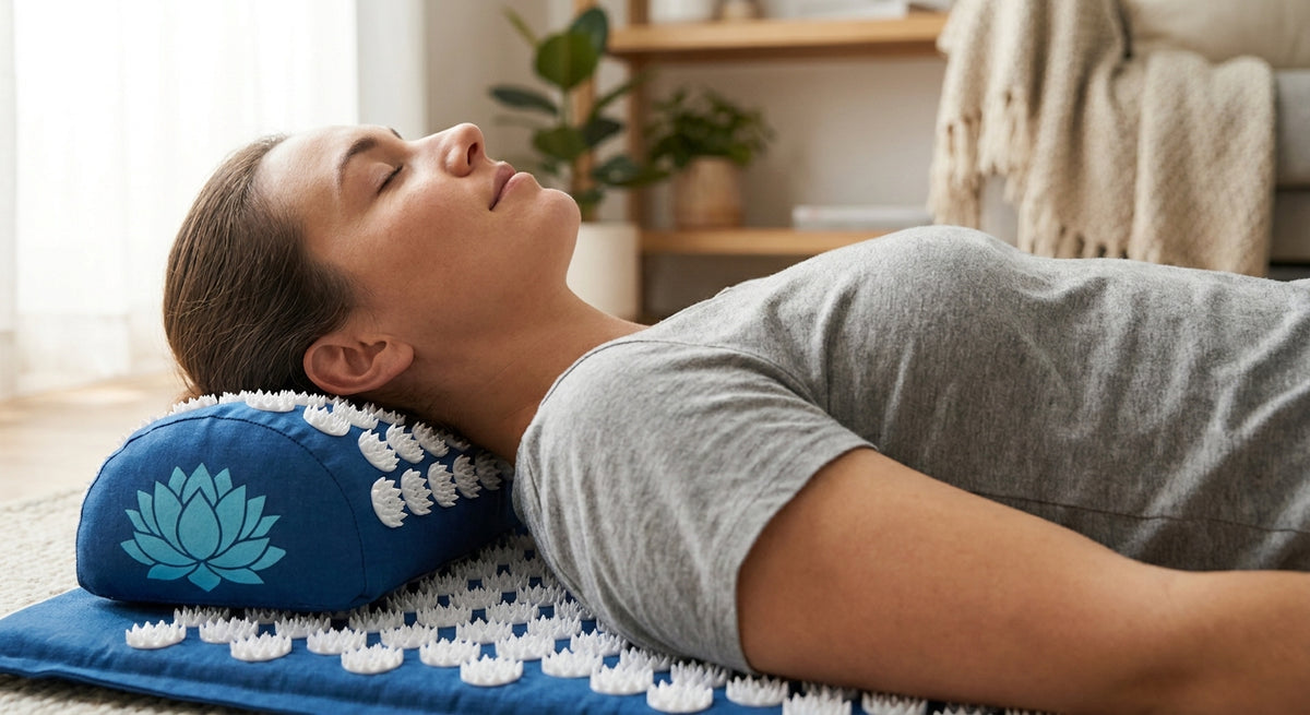 Acupressure massage mat in use — person relaxing on mat
