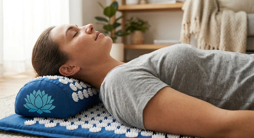 Acupressure massage mat in use — person relaxing on mat