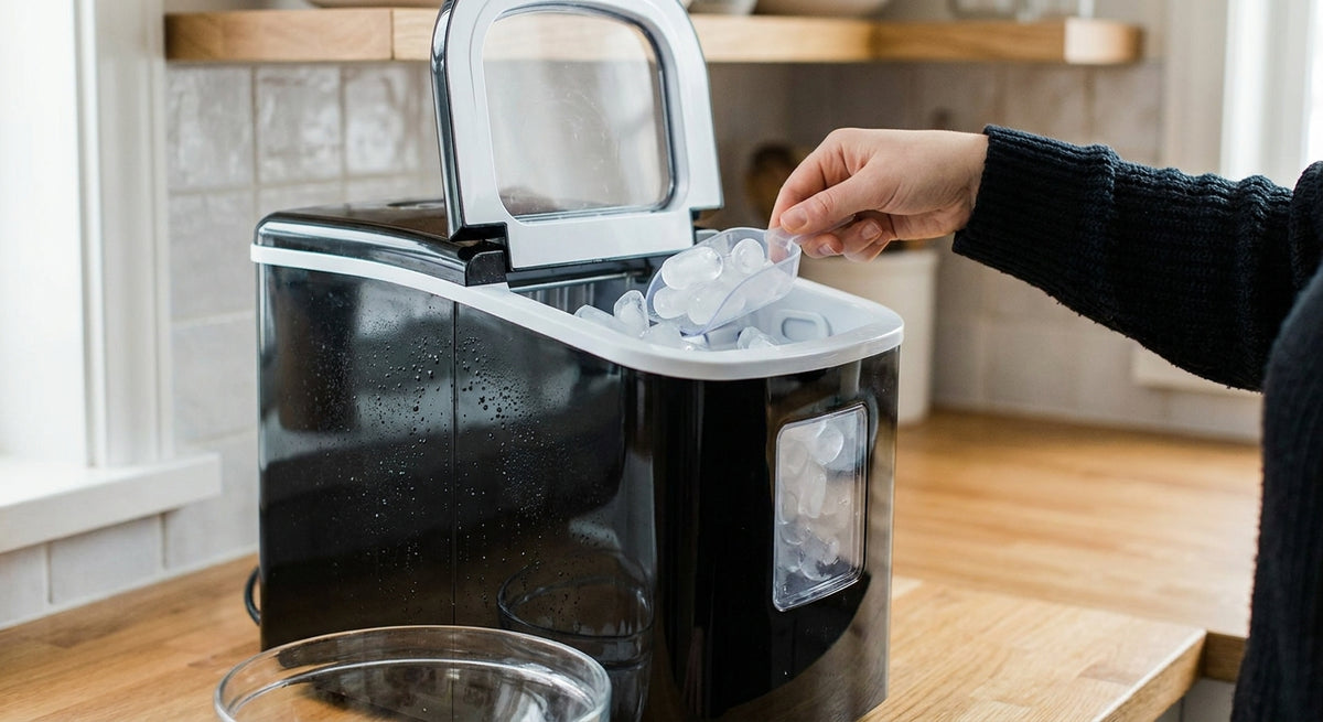 Portable countertop ice maker in use — scooping ice