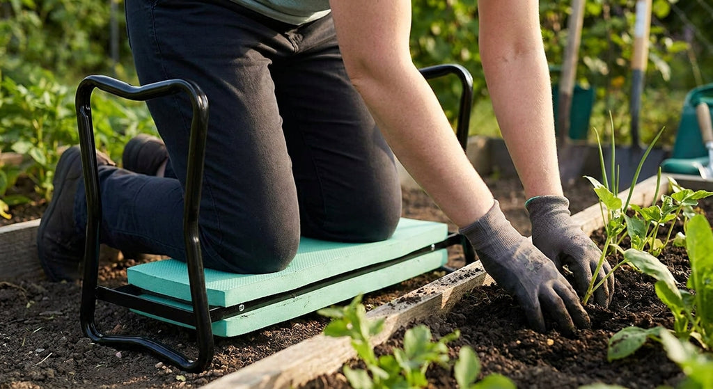 Padded garden kneeler in use while gardening
