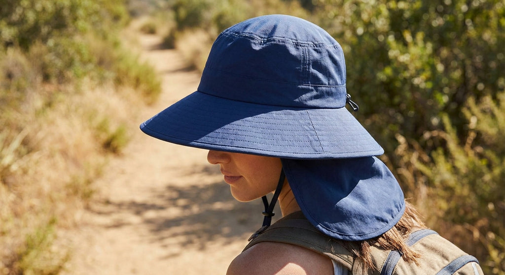 Wide brim UV sun hat in use while hiking